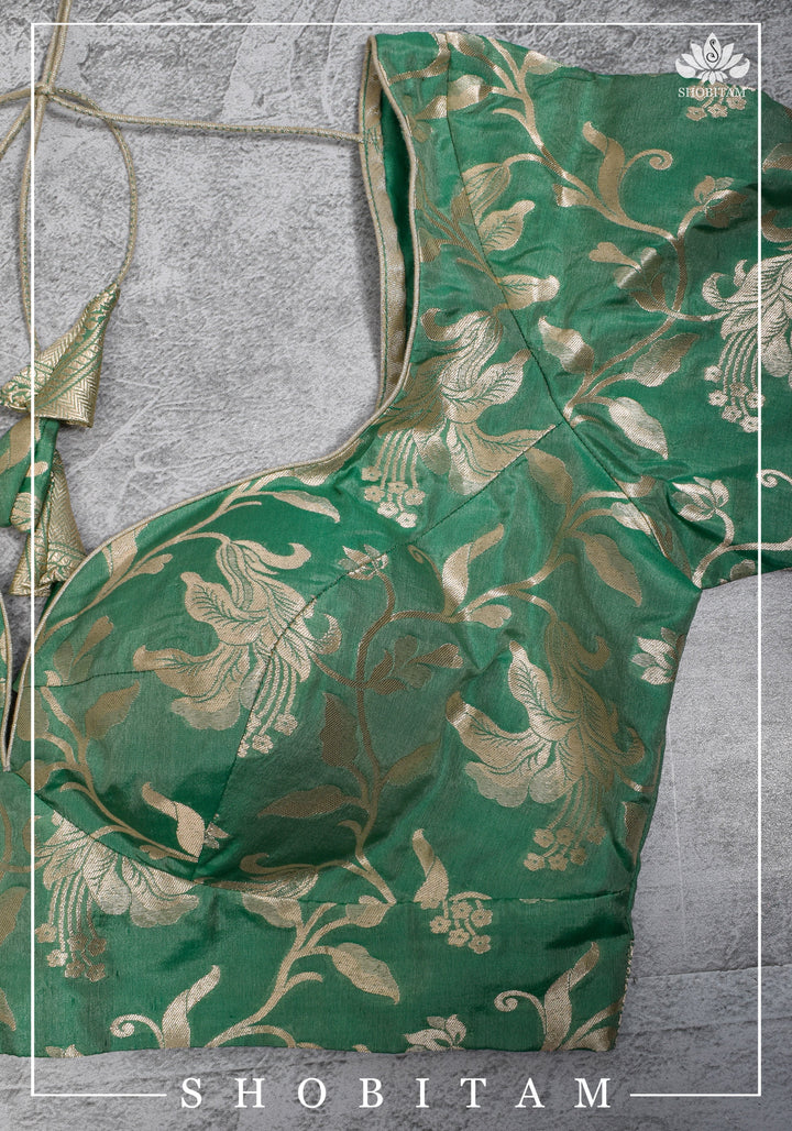 Size 42 Pure Silk Plunge Neck Blouse In Sea Green with Jaal Zari  | Shobitam Saree