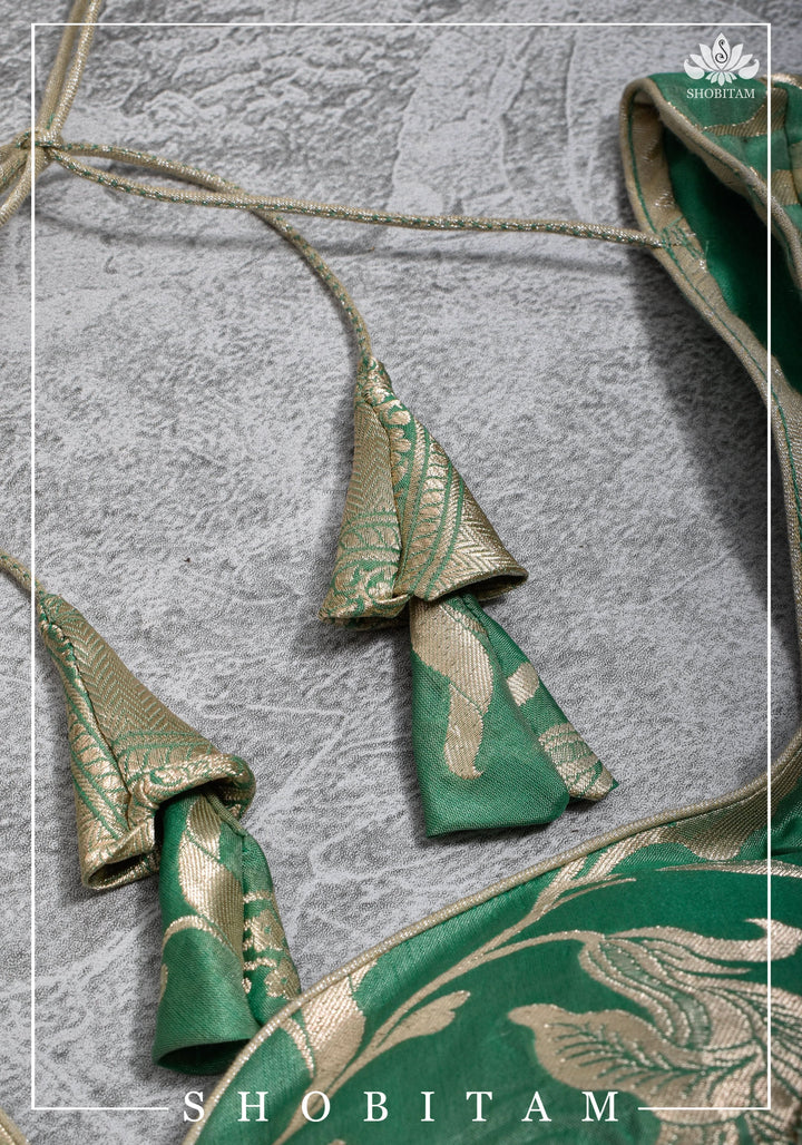Size 42 Pure Silk Plunge Neck Blouse In Sea Green with Jaal Zari  | Shobitam Saree
