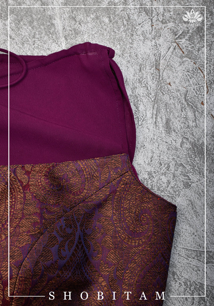 Size 34 Gathered Neck Banarasi Brocade-Georgette Blouse in Shades of Plum, Purple and Gold | Shobitam Blouse