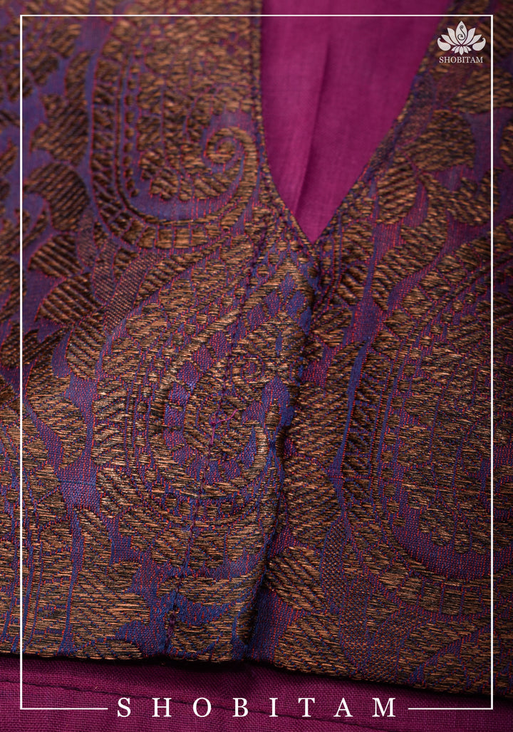 Size 34 Gathered Neck Banarasi Brocade-Georgette Blouse in Shades of Plum, Purple and Gold | Shobitam Blouse