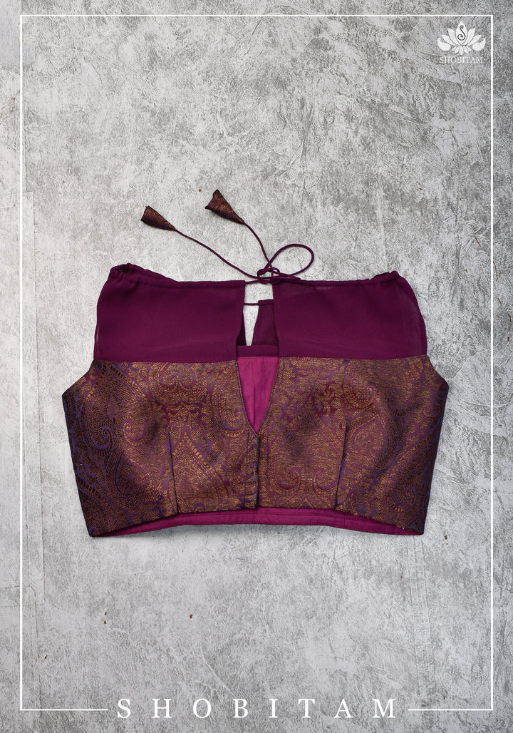 Size 34 Gathered Neck Banarasi Brocade-Georgette Blouse in Shades of Plum, Purple and Gold | Shobitam Blouse
