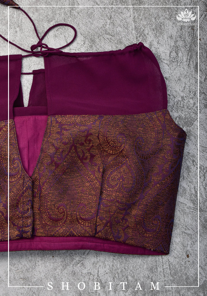Size 34 Gathered Neck Banarasi Brocade-Georgette Blouse in Shades of Plum, Purple and Gold | Shobitam Blouse