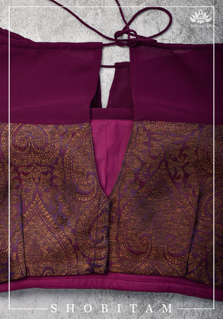 Size 34 Gathered Neck Banarasi Brocade-Georgette Blouse in Shades of Plum, Purple and Gold | Shobitam Blouse