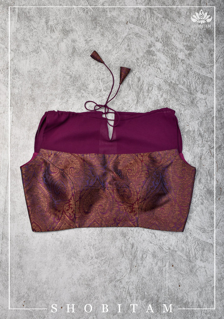 Size 34 Gathered Neck Banarasi Brocade-Georgette Blouse in Shades of Plum, Purple and Gold | Shobitam Blouse