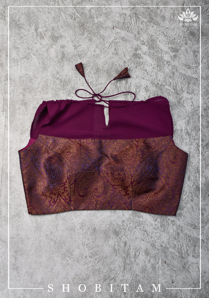 Size 34 Gathered Neck Banarasi Brocade-Georgette Blouse in Shades of Plum, Purple and Gold | Shobitam Blouse