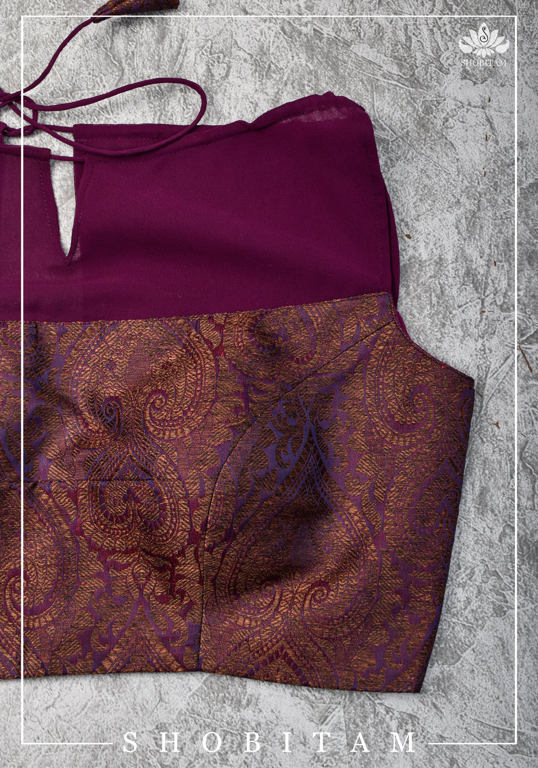 Size 34 Gathered Neck Banarasi Brocade-Georgette Blouse in Shades of Plum, Purple and Gold | Shobitam Blouse