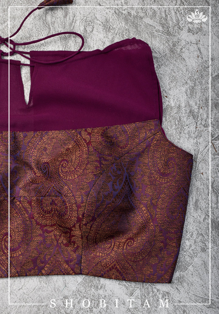 Size 34 Gathered Neck Banarasi Brocade-Georgette Blouse in Shades of Plum, Purple and Gold | Shobitam Blouse