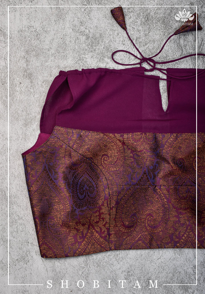 Size 34 Gathered Neck Banarasi Brocade-Georgette Blouse in Shades of Plum, Purple and Gold | Shobitam Blouse