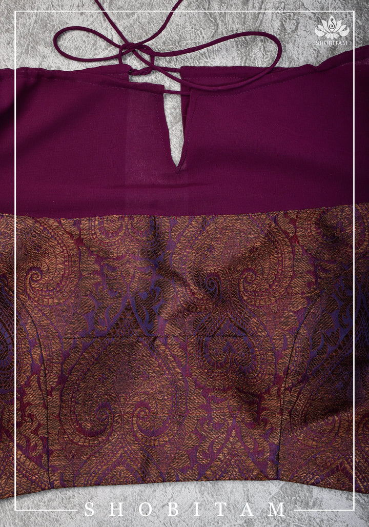 Size 34 Gathered Neck Banarasi Brocade-Georgette Blouse in Shades of Plum, Purple and Gold | Shobitam Blouse