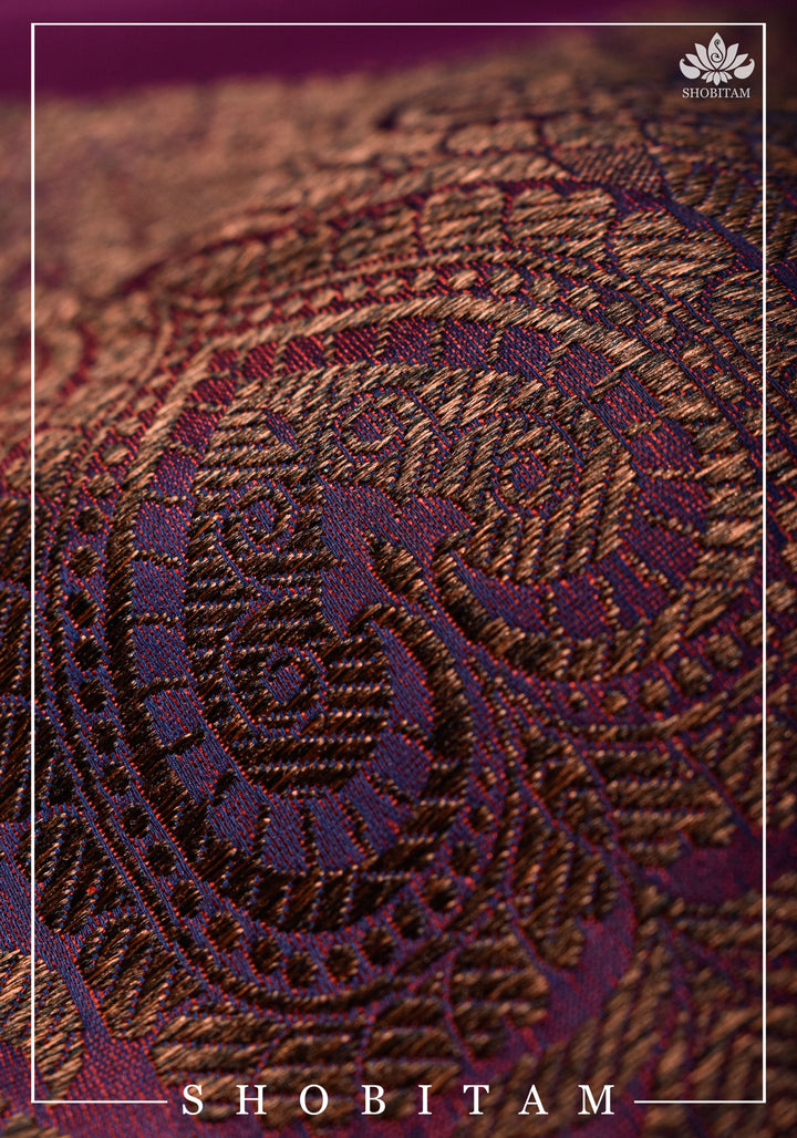Size 34 Gathered Neck Banarasi Brocade-Georgette Blouse in Shades of Plum, Purple and Gold | Shobitam Blouse