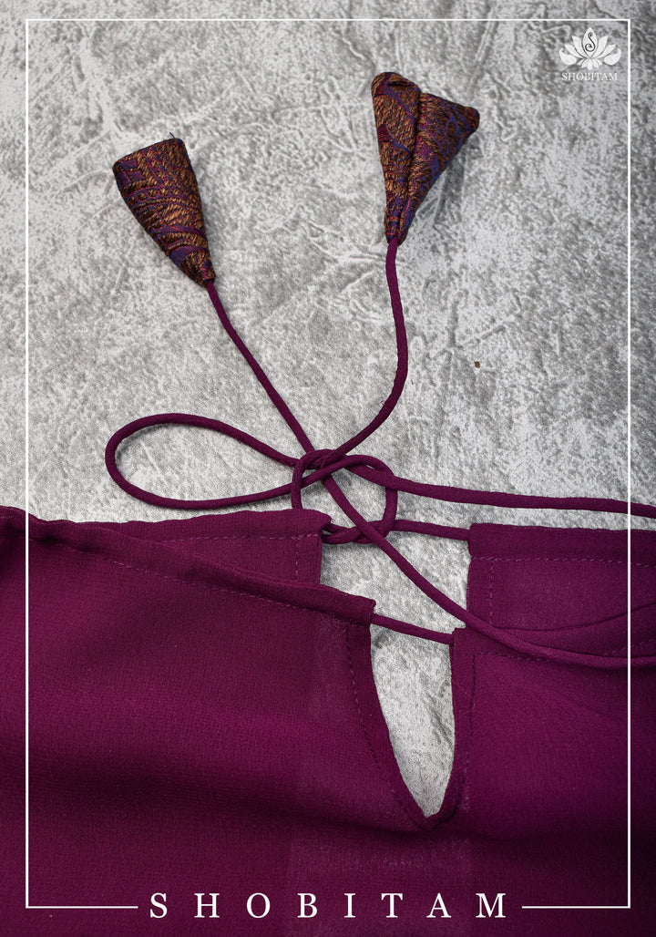 Size 34 Gathered Neck Banarasi Brocade-Georgette Blouse in Shades of Plum, Purple and Gold | Shobitam Blouse