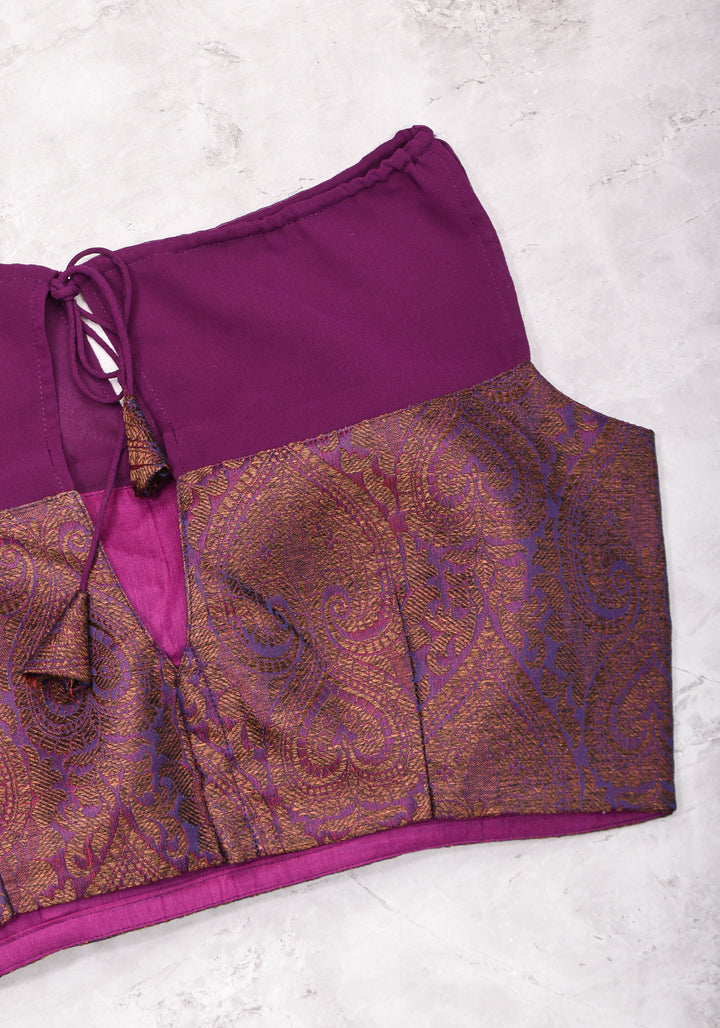 Size 38 Gathered Neck Blouse with Banarasi Antique Zari Brocade and Sheer Georgette Yoke