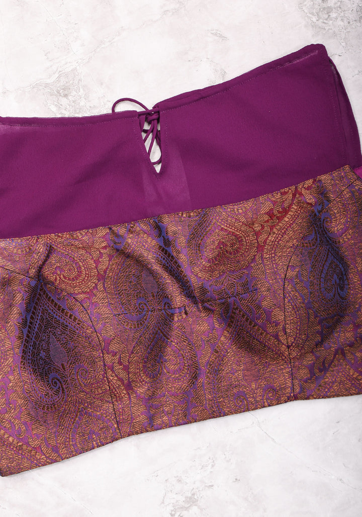 Size 38 Gathered Neck Blouse with Banarasi Antique Zari Brocade and Sheer Georgette Yoke