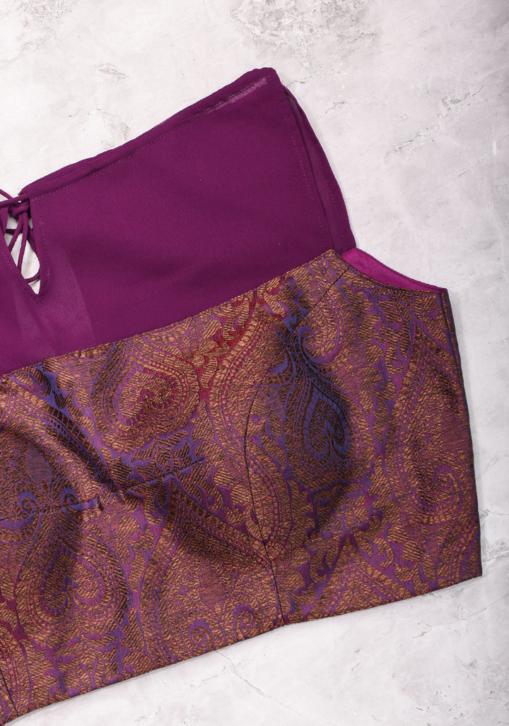 Size 38 Gathered Neck Blouse with Banarasi Antique Zari Brocade and Sheer Georgette Yoke