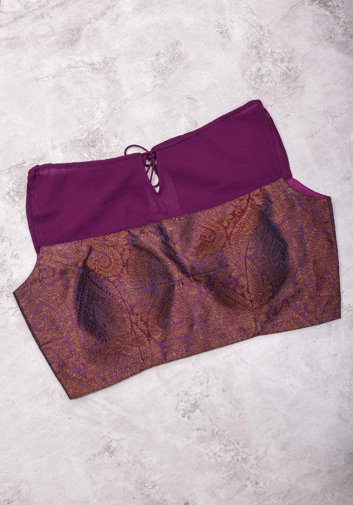 Size 38 Gathered Neck Blouse with Banarasi Antique Zari Brocade and Sheer Georgette Yoke