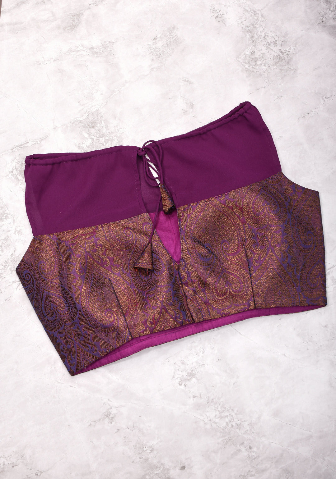 Size 38 Gathered Neck Blouse with Banarasi Antique Zari Brocade and Sheer Georgette Yoke