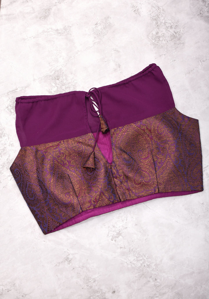 Size 38 Gathered Neck Blouse with Banarasi Antique Zari Brocade and Sheer Georgette Yoke
