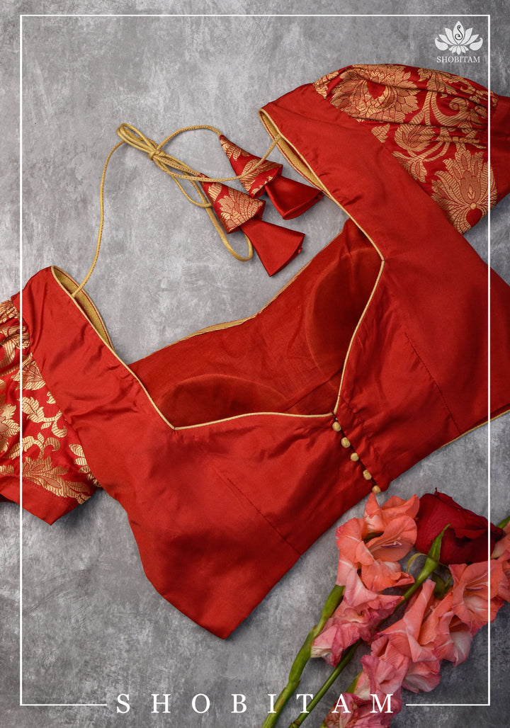 Pure Katan Silk Blouse  in Red with Puff Sleeve | Shobitam Blouse