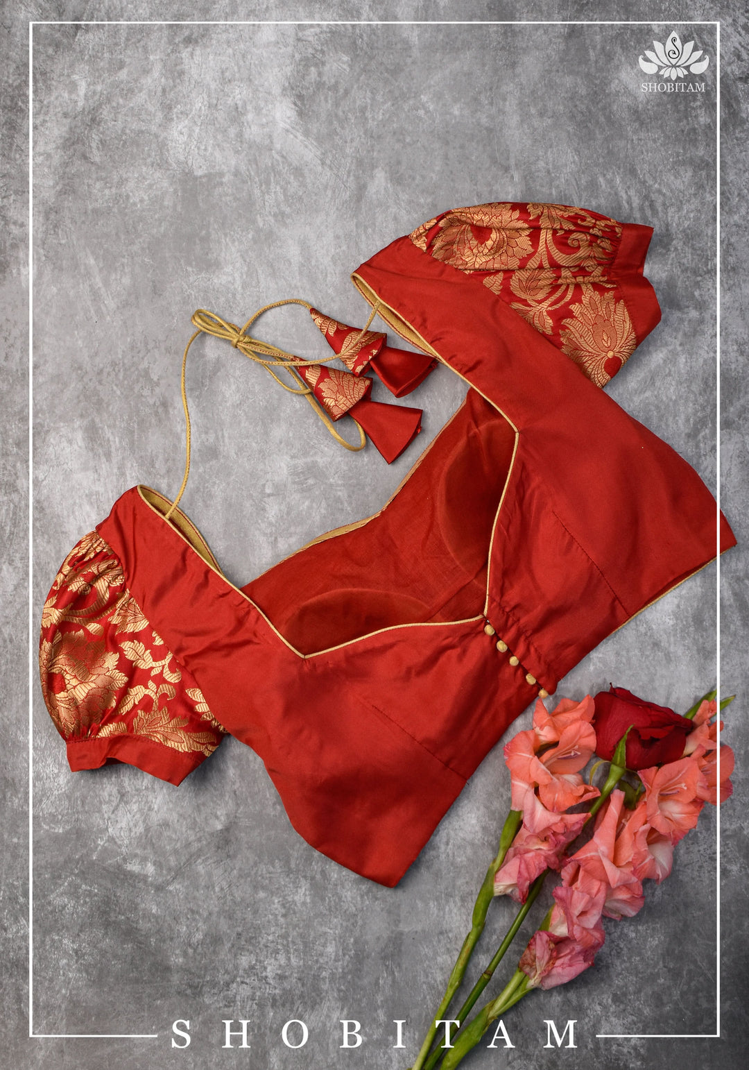 Pure Katan Silk Blouse  in Red with Puff Sleeve | Shobitam Blouse