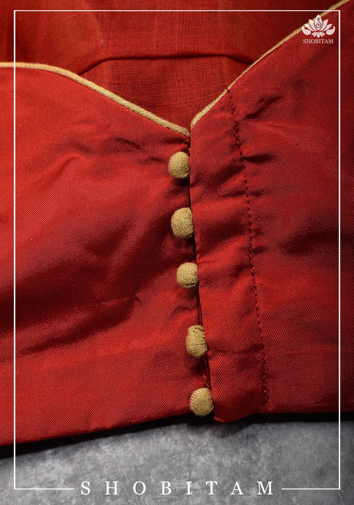 Pure Katan Silk Blouse  in Red with Puff Sleeve | Shobitam Blouse