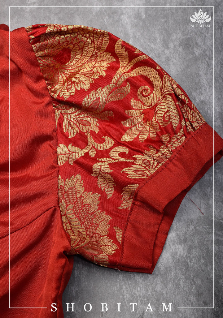 Pure Katan Silk Blouse  in Red with Puff Sleeve | Shobitam Blouse