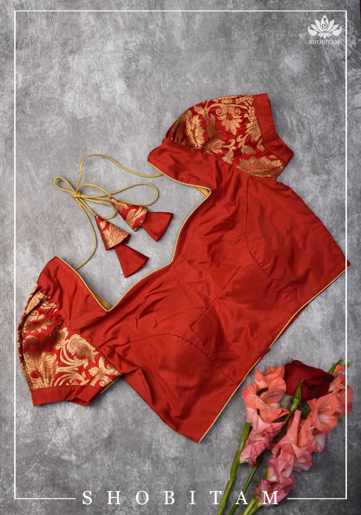 Pure Katan Silk Blouse  in Red with Puff Sleeve | Shobitam Blouse