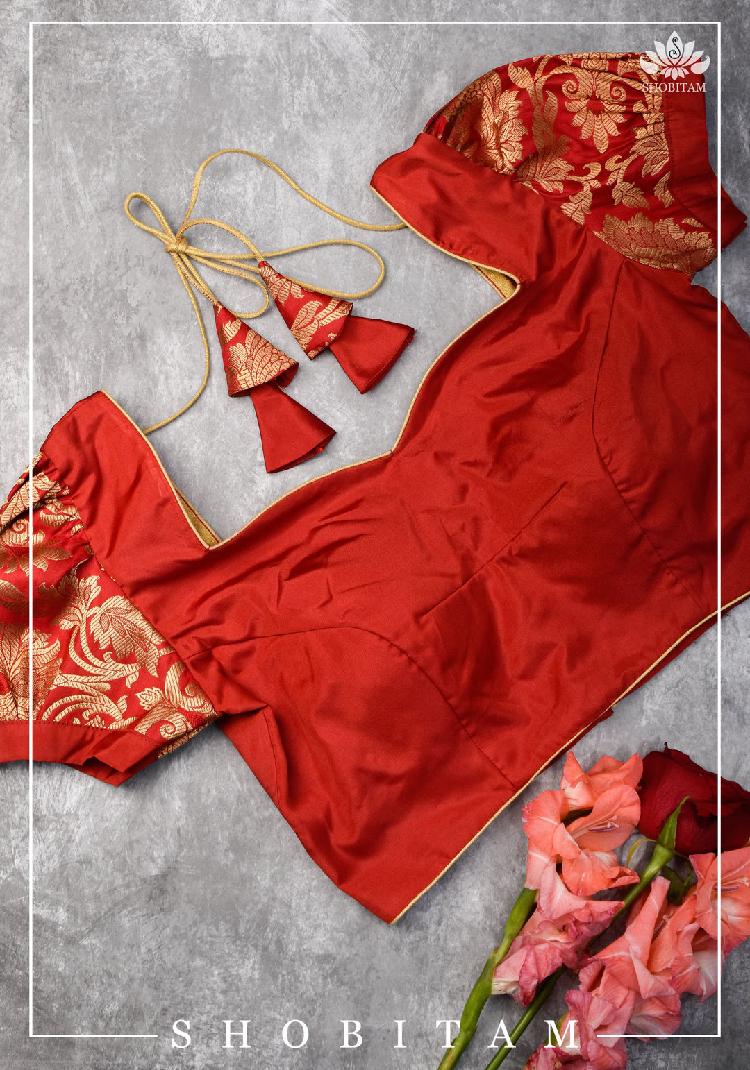 Pure Katan Silk Blouse  in Red with Puff Sleeve | Shobitam Blouse