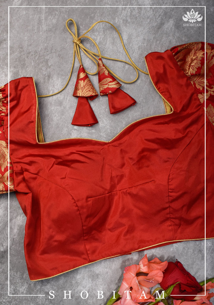 Pure Katan Silk Blouse  in Red with Puff Sleeve | Shobitam Blouse