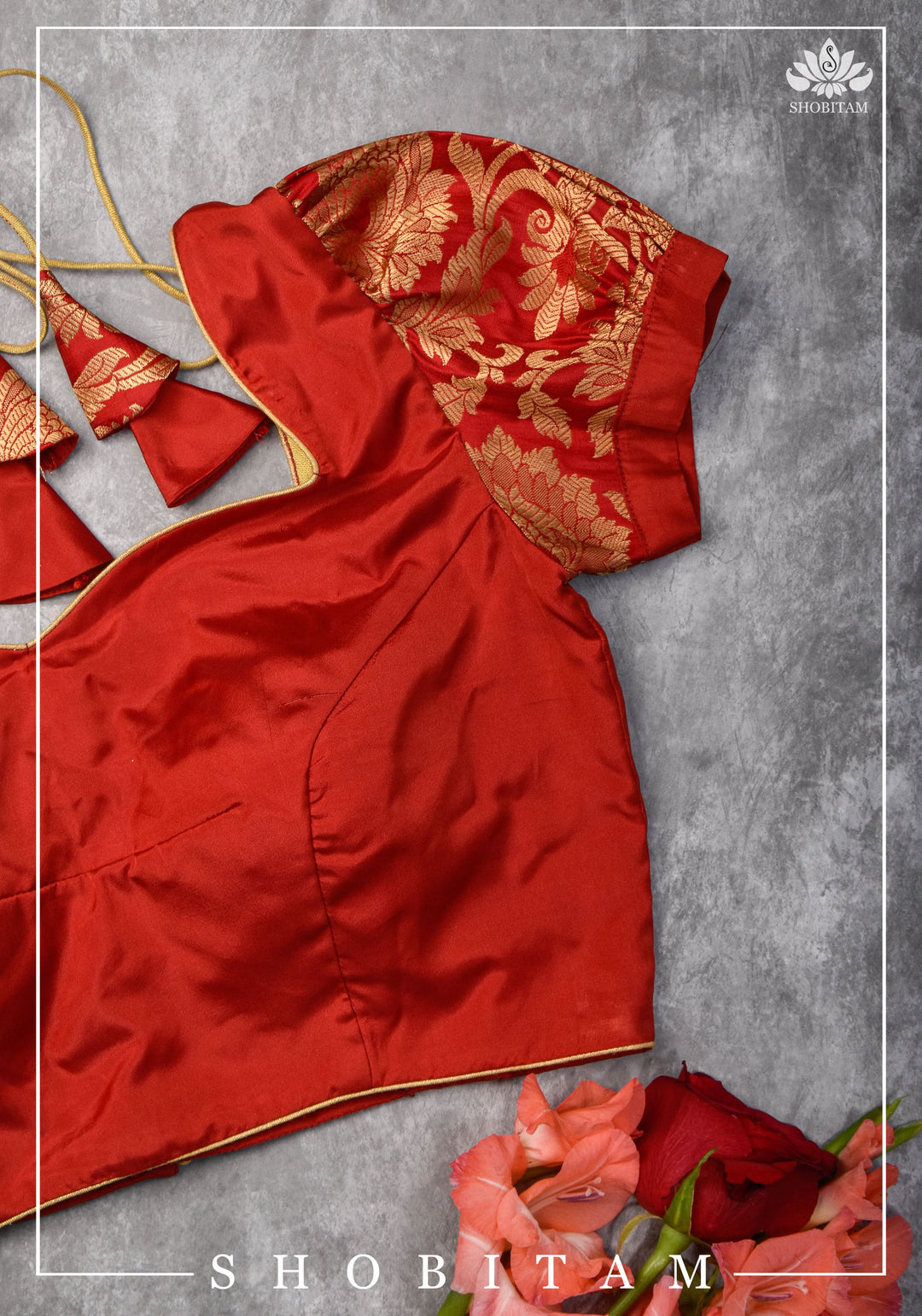 Pure Katan Silk Blouse  in Red with Puff Sleeve | Shobitam Blouse