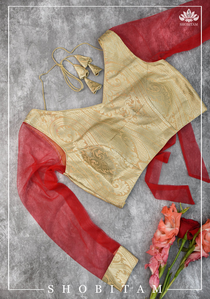 SIZE  32 Brocade Silk Blouse in Beige with Net sleeve | Statement Saree Blouse | Shobitam Blouse