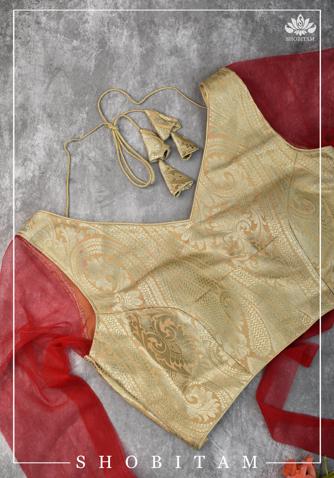 SIZE  32 Brocade Silk Blouse in Beige with Net sleeve | Statement Saree Blouse | Shobitam Blouse