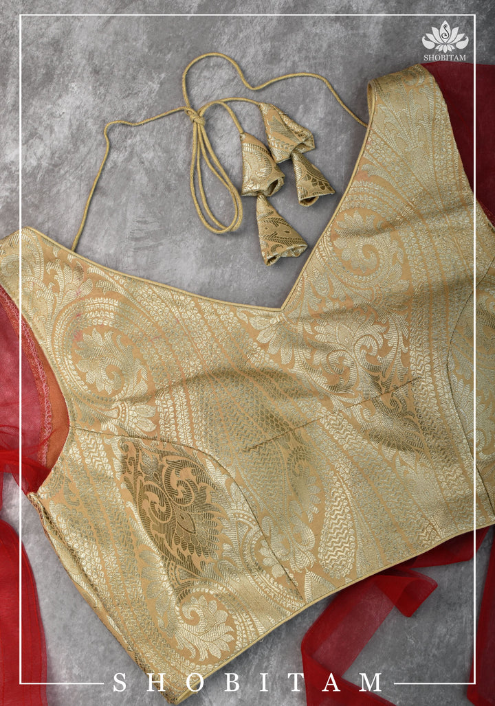 SIZE  32 Brocade Silk Blouse in Beige with Net sleeve | Statement Saree Blouse | Shobitam Blouse