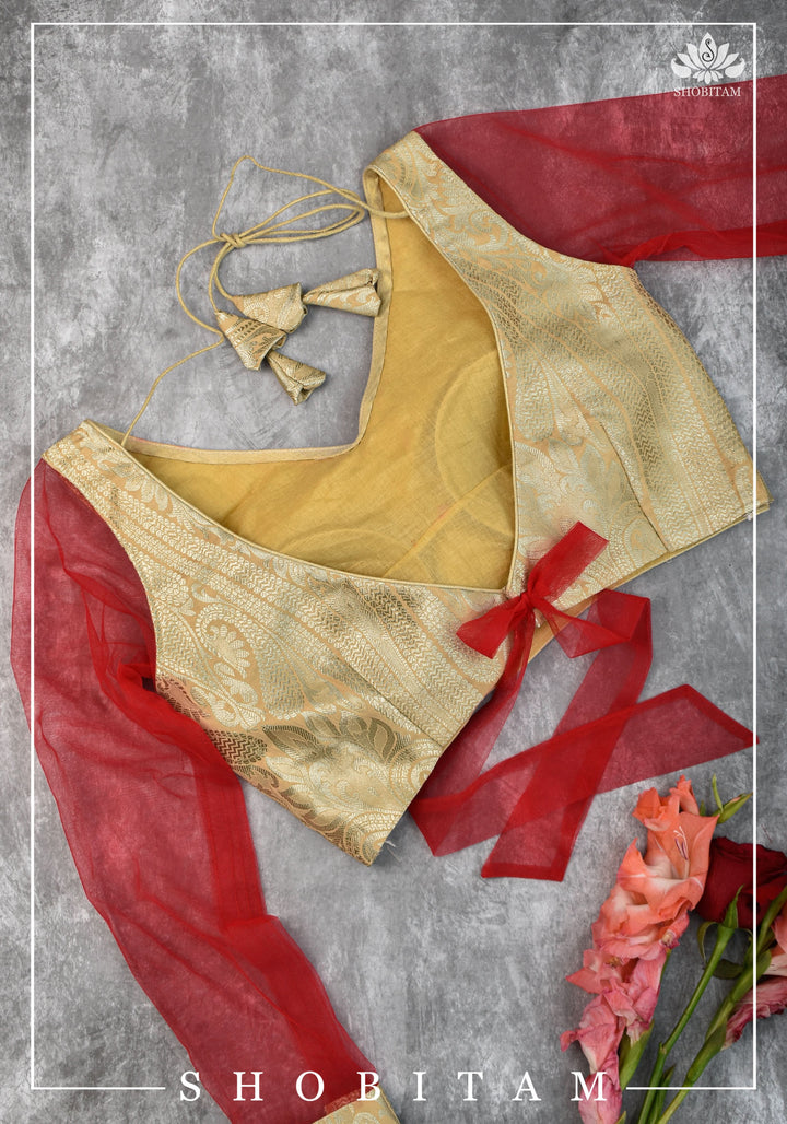 SIZE  32 Brocade Silk Blouse in Beige with Net sleeve | Statement Saree Blouse | Shobitam Blouse