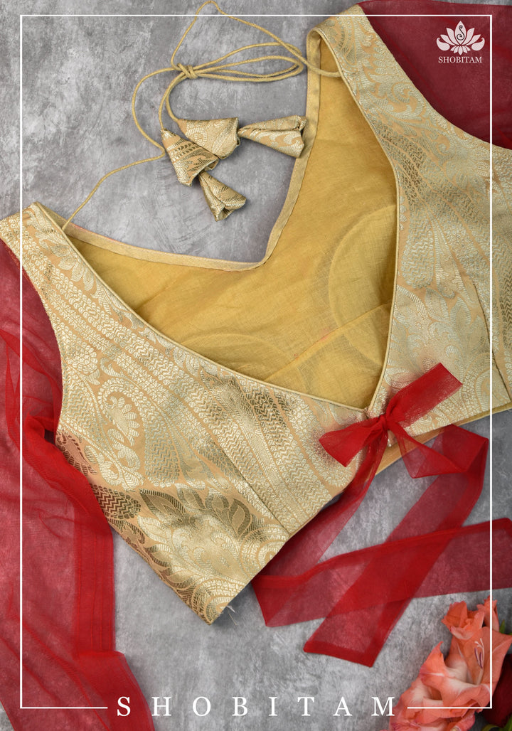 SIZE  32 Brocade Silk Blouse in Beige with Net sleeve | Statement Saree Blouse | Shobitam Blouse