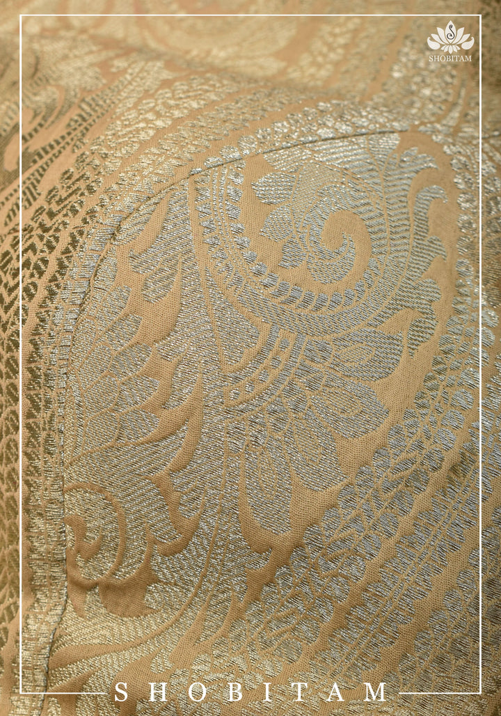 SIZE  32 Brocade Silk Blouse in Beige with Net sleeve | Statement Saree Blouse | Shobitam Blouse