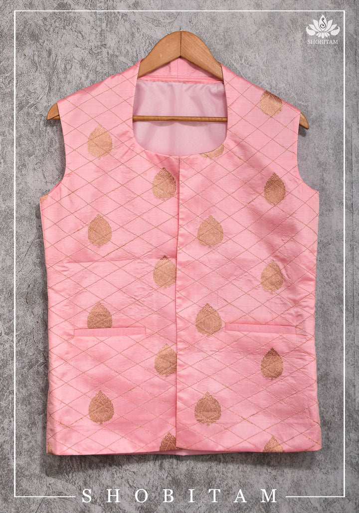 Size 38-29 : Pure Banarasi Silk Ladies Vest with Rekha Collar Neck in Carnation Pink, zari buttas and buttonless opening | Shobitam Jacket