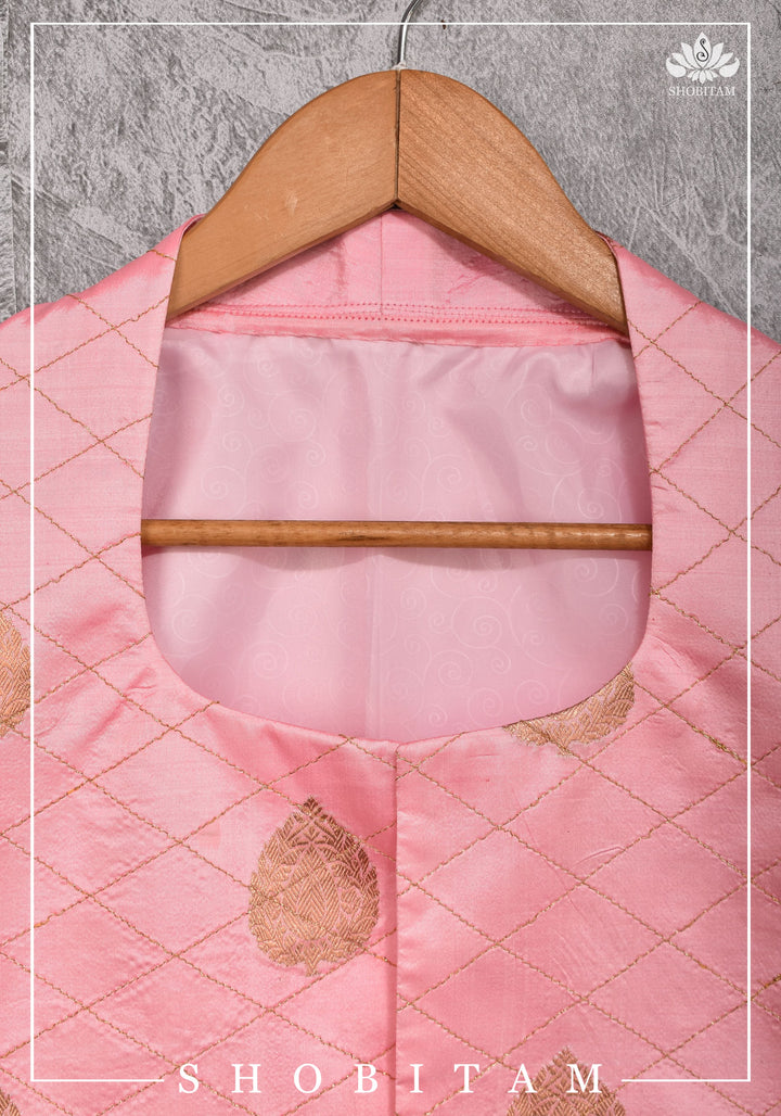Size 38-29 : Pure Banarasi Silk Ladies Vest with Rekha Collar Neck in Carnation Pink, zari buttas and buttonless opening | Shobitam Jacket