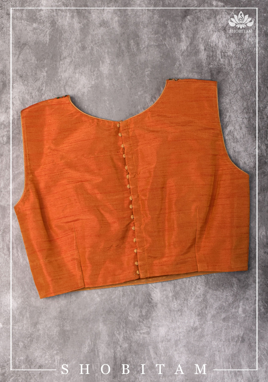 Made to measure: Necklace Design Jadau Ornamental Sleeveless Blouse in Orange Raw SIlk | Shobitam Blouse