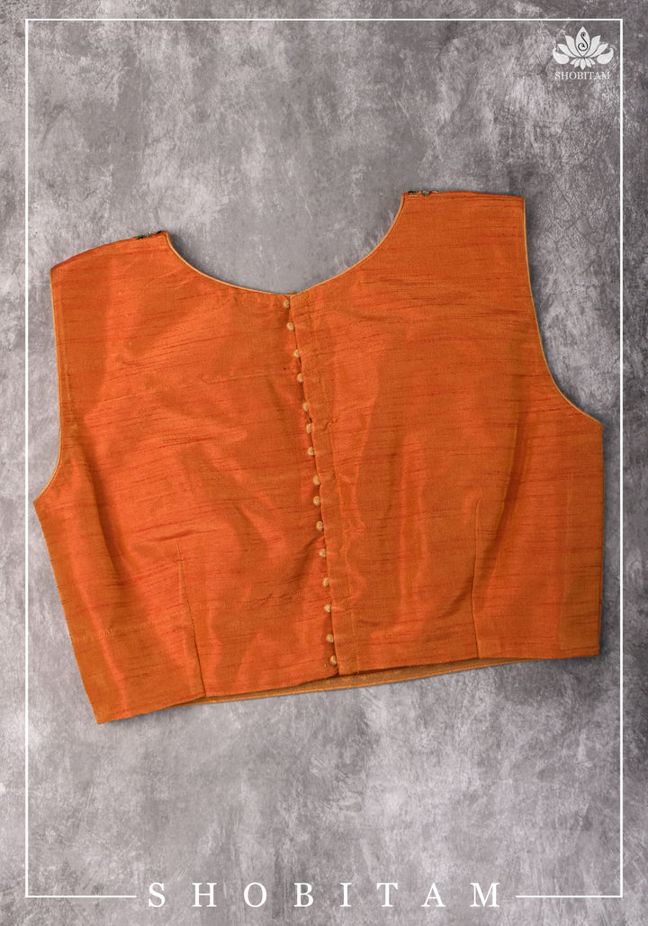 Made to measure: Necklace Design Jadau Ornamental Sleeveless Blouse in Orange Raw SIlk | Shobitam Blouse
