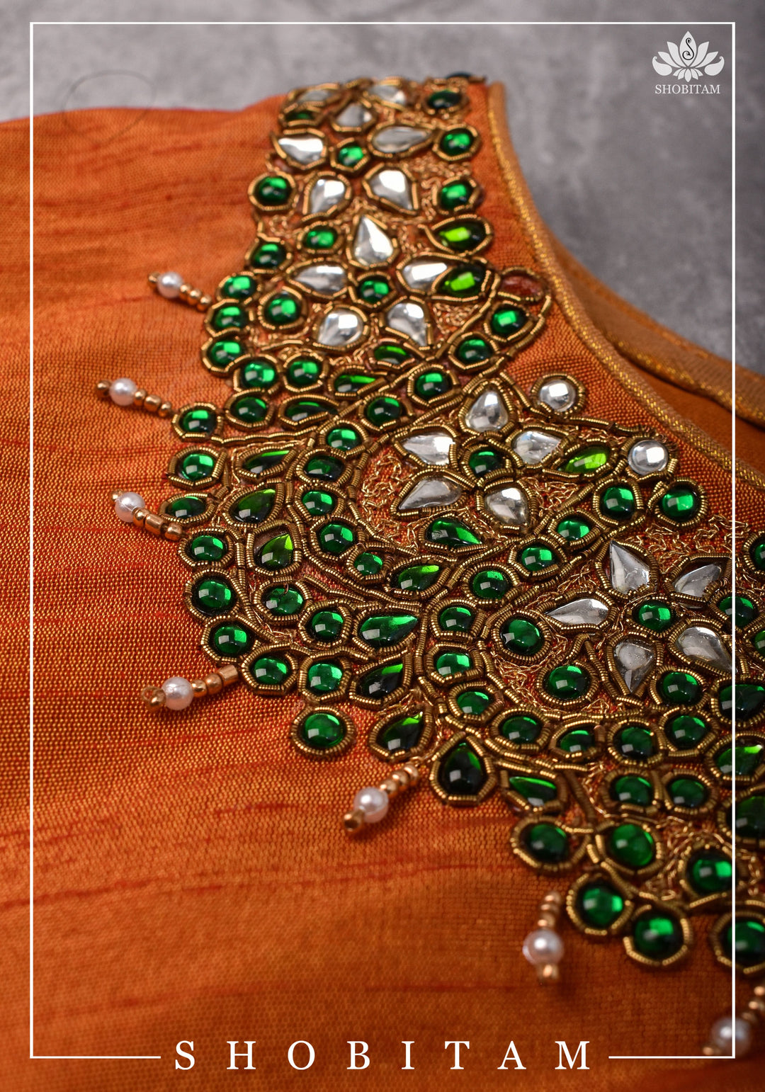 Made to measure: Necklace Design Jadau Ornamental Sleeveless Blouse in Orange Raw SIlk | Shobitam Blouse