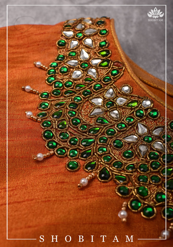 Made to measure: Necklace Design Jadau Ornamental Sleeveless Blouse in Orange Raw SIlk | Shobitam Blouse
