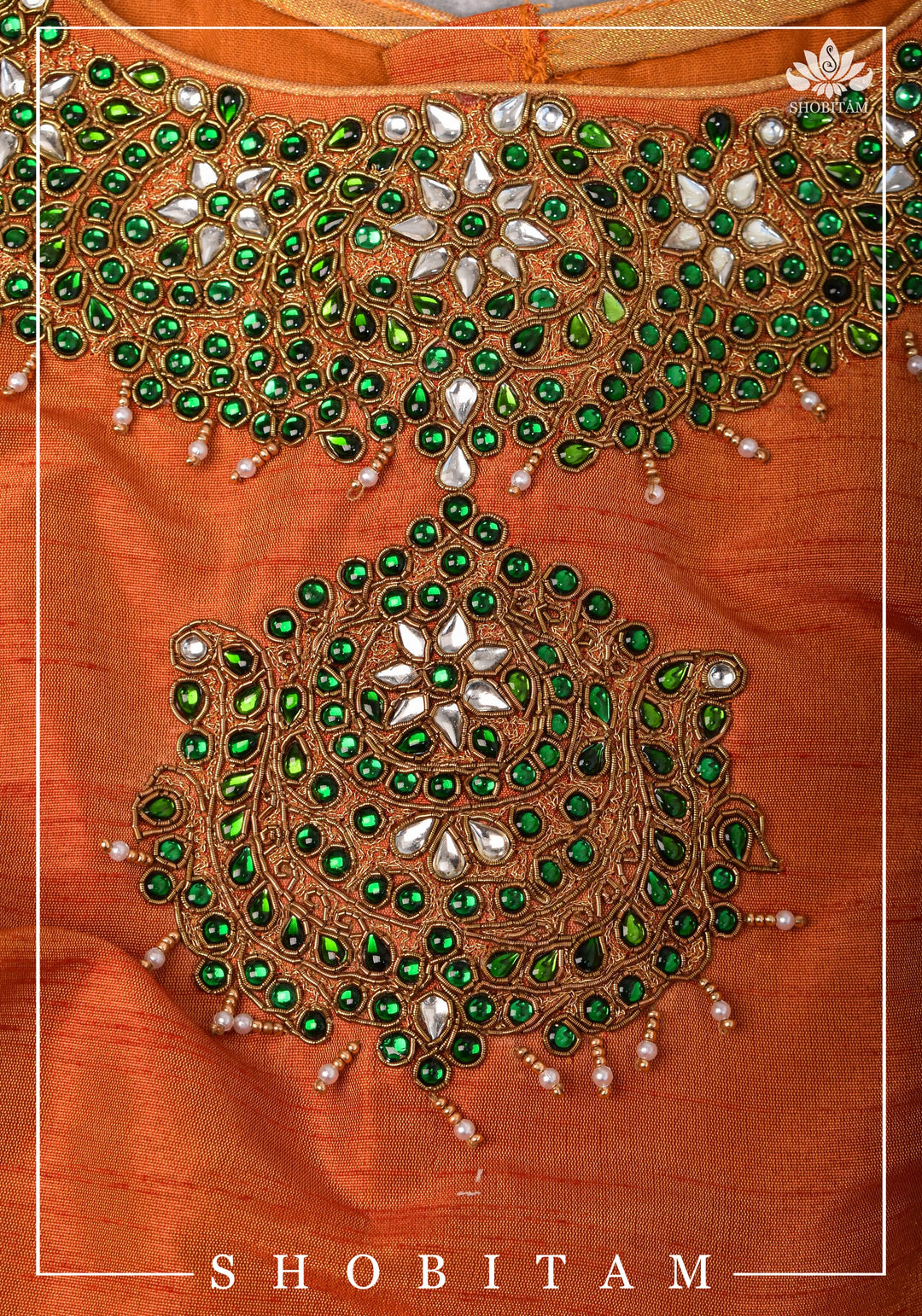 Made to measure: Necklace Design Jadau Ornamental Sleeveless Blouse in Orange Raw SIlk | Shobitam Blouse