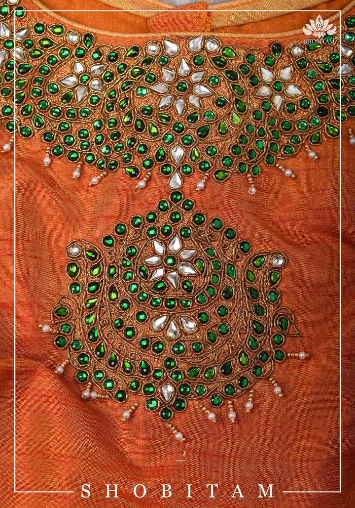 Made to measure: Necklace Design Jadau Ornamental Sleeveless Blouse in Orange Raw SIlk | Shobitam Blouse