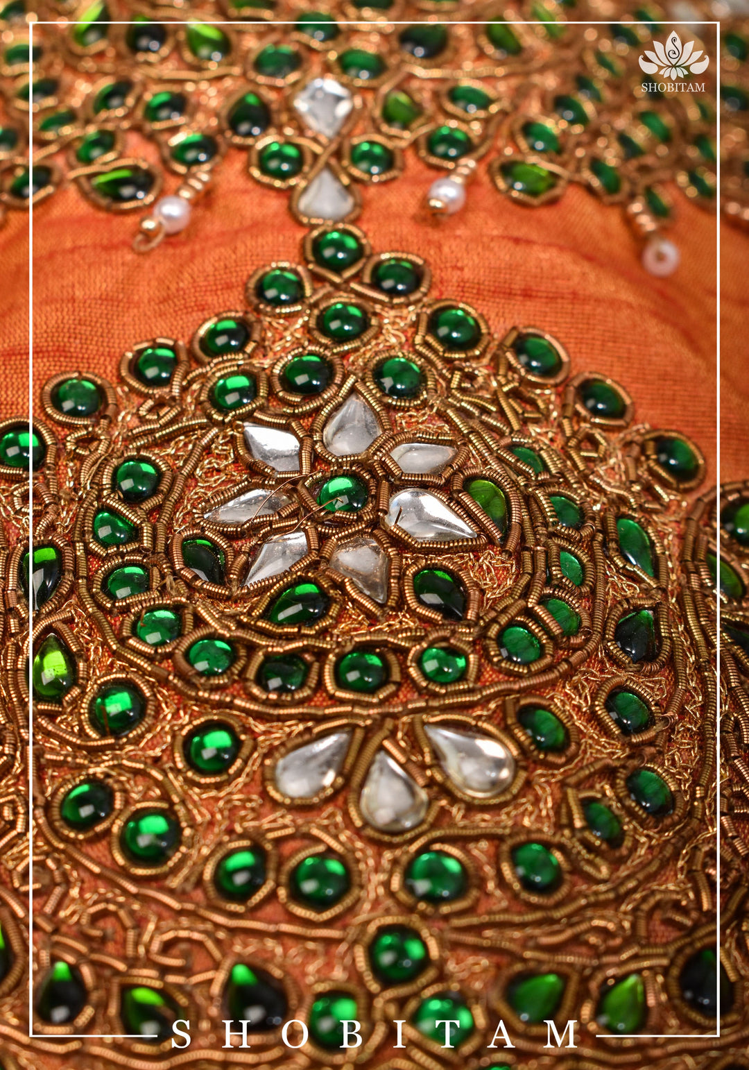Made to measure: Necklace Design Jadau Ornamental Sleeveless Blouse in Orange Raw SIlk | Shobitam Blouse