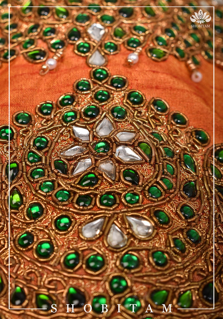 Made to measure: Necklace Design Jadau Ornamental Sleeveless Blouse in Orange Raw SIlk | Shobitam Blouse
