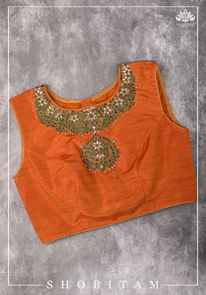 Made to measure: Necklace Design Jadau Ornamental Sleeveless Blouse in Orange Raw SIlk | Shobitam Blouse