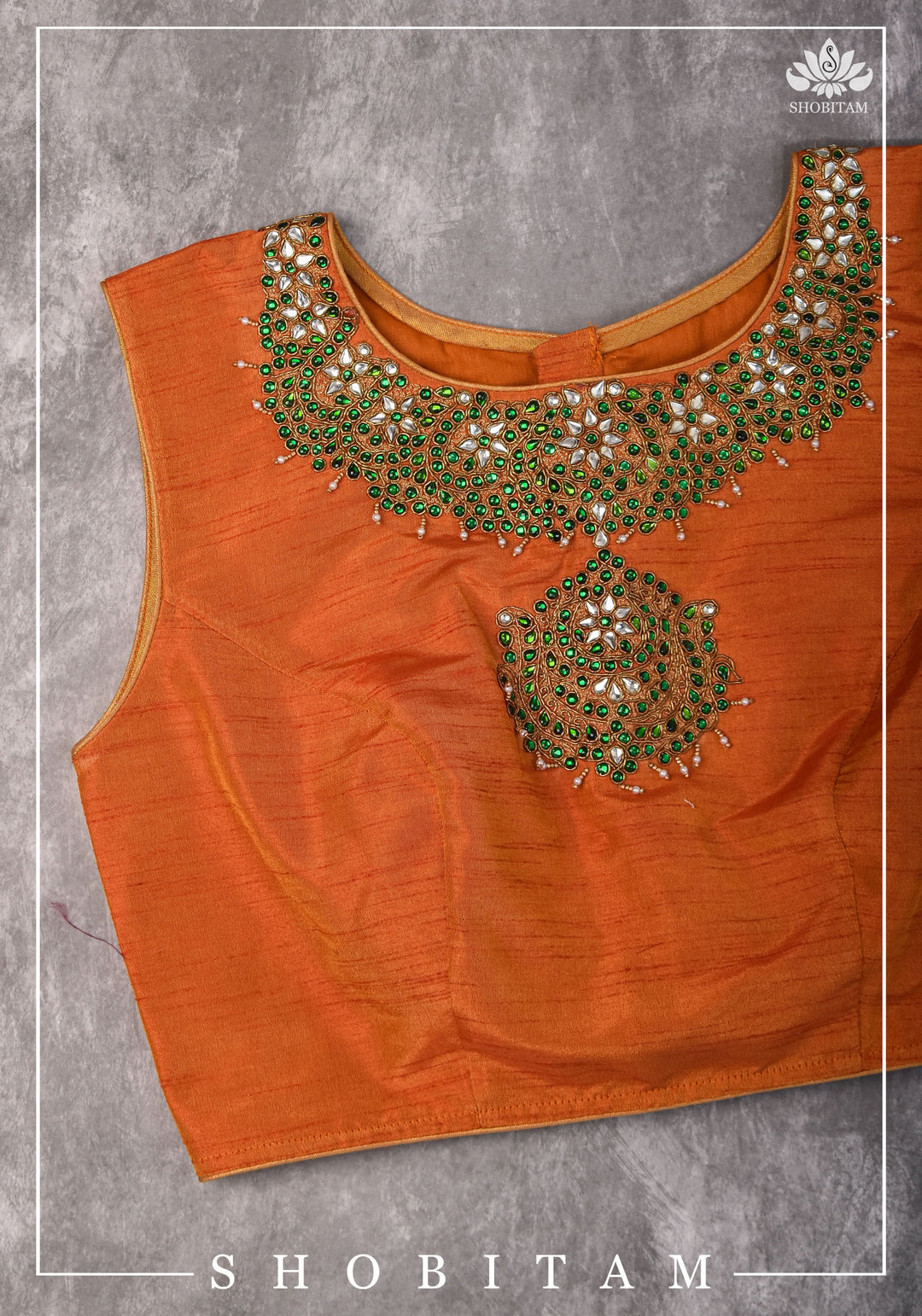 Made to measure: Necklace Design Jadau Ornamental Sleeveless Blouse in Orange Raw SIlk | Shobitam Blouse