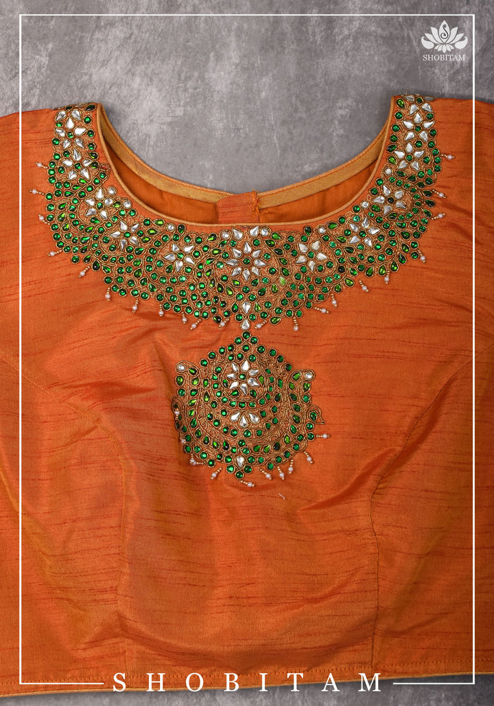 Made to measure: Necklace Design Jadau Ornamental Sleeveless Blouse in Orange Raw SIlk | Shobitam Blouse