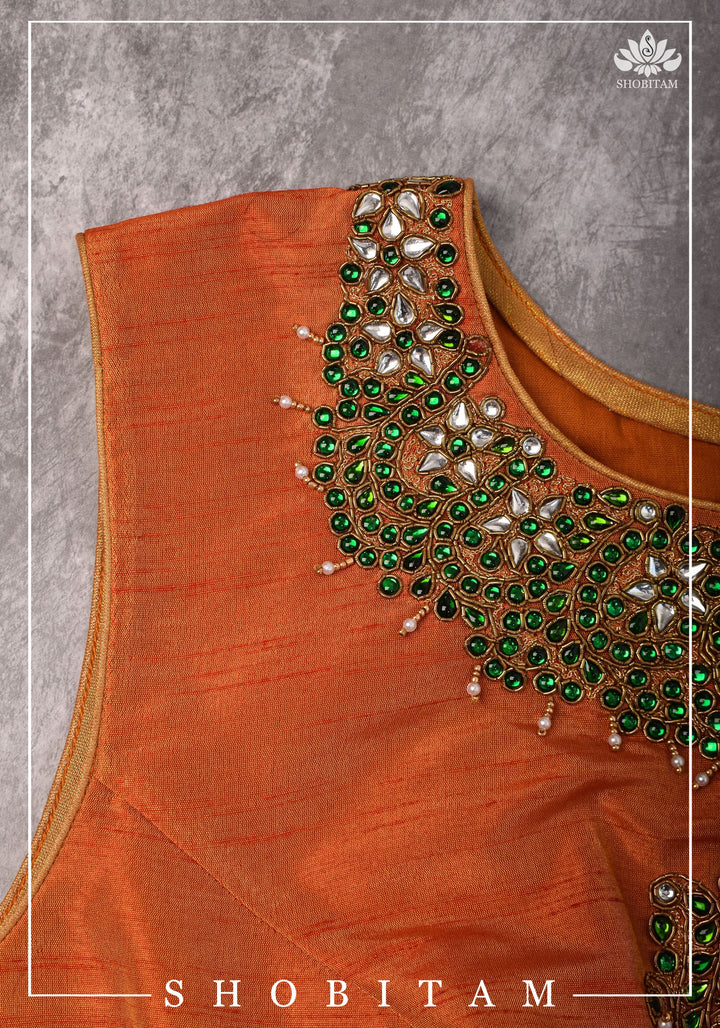 Made to measure: Necklace Design Jadau Ornamental Sleeveless Blouse in Orange Raw SIlk | Shobitam Blouse