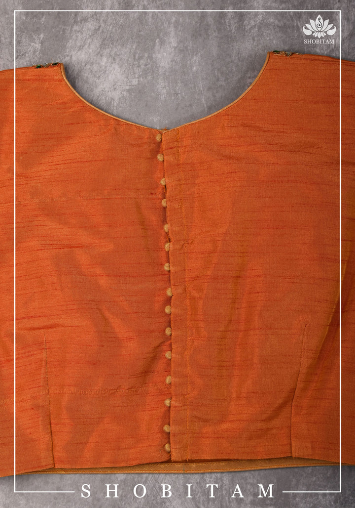 Made to measure: Necklace Design Jadau Ornamental Sleeveless Blouse in Orange Raw SIlk | Shobitam Blouse